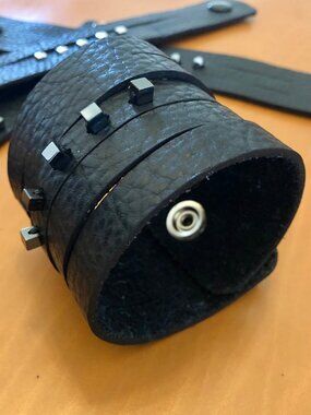 MishaGirl Handmade Beaded Black Leather Cuff Bracelet with Slits for Women